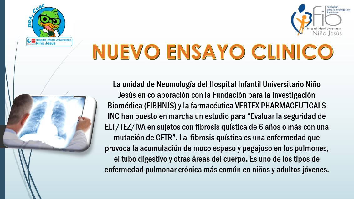 fibhnjs's tweet photo. La unidad de #Neumología del #HNJS en colaboración con la @fibhnjs y la farmacéutica VERTEX PHARMACEUTICALS INC han puesto en marcha un #estudio para “Evaluar la seguridad de ELT/TEZ/IVA en sujetos con #fibrosisquística de 6 años o más con una mutación de CFTR”. #investigacion https://t.co/syskx6WxXy