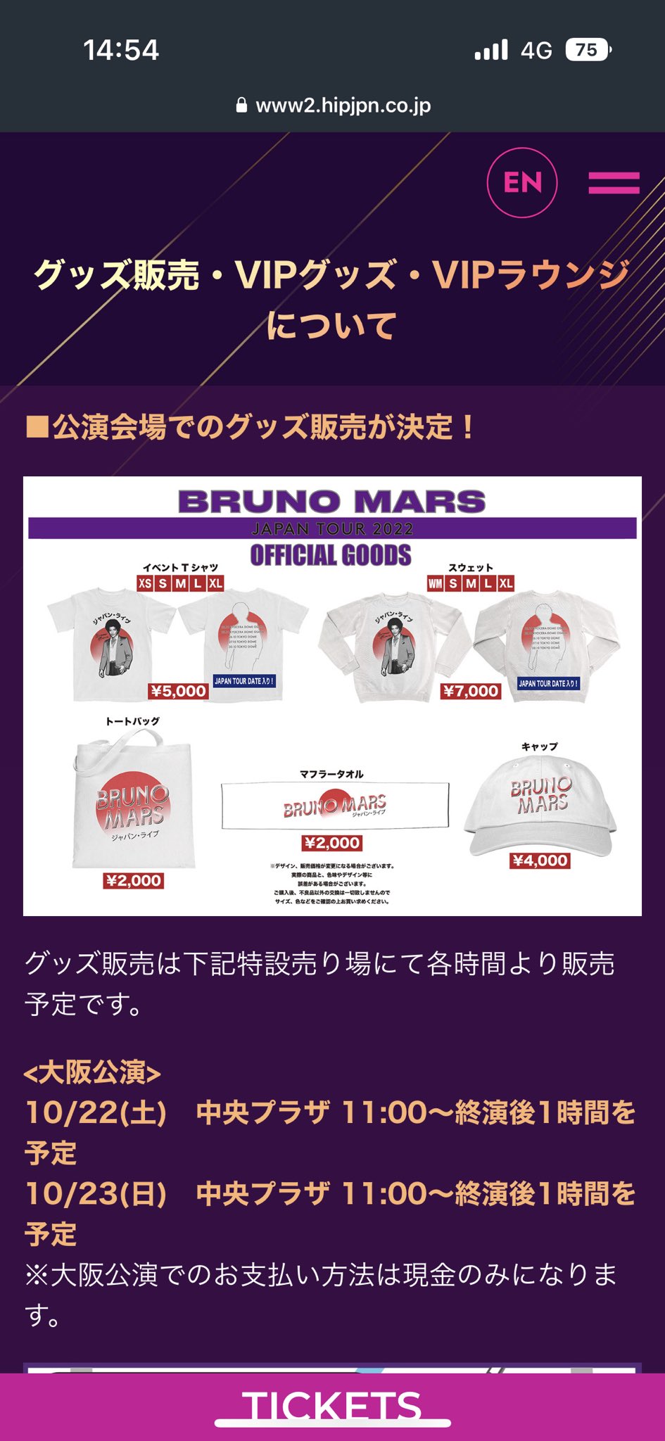 ブルーノマーズ10／30追加公演VIPSSグッズ｜タレントグッズ 