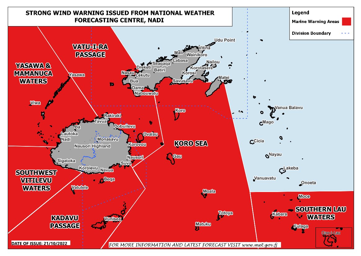 FJMETservice's tweet photo. 📢A Strong Wind Warning is now in force for:
☑️Southwest Viti Levu Waters
☑️Kadavu &amp; Vatu-i-Ra passages
☑️Koro Sea
☑️Southern Lau Waters
☑️Yasawa &amp; Mamanuca waters.
 
⚠️Sea conditions is of high risk for sea travel especially for those navigating in small to medium sea crafts. https://t.co/wPqrYTxPLA