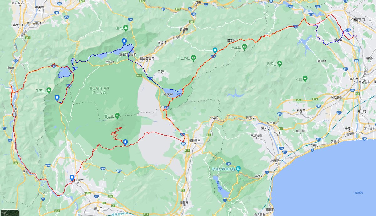 今回の道程はこんな感じです(赤が往路 青が復路)
富士山を一周してきました。 