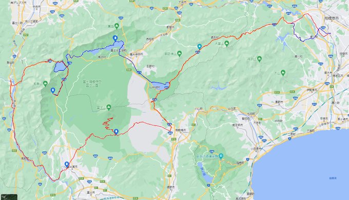 今回の道程はこんな感じです(赤が往路 青が復路)
富士山を一周してきました。 