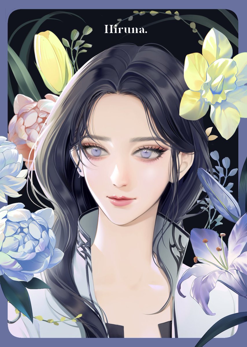 solo flower black hair 1girl long hair portrait looking at viewer  illustration images