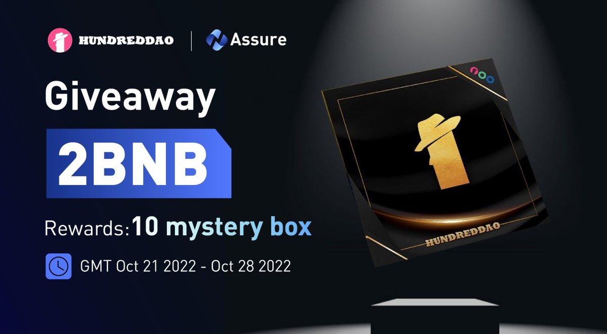 Assure_pro's tweet photo. 🎁#AssureJointAirdrop

🤩#Assure &amp; @HundredDAO Joint #Airdrop
🏆2 #BNB Giveaway  
10 mystery boxes / 10 winners(each Box=0.2BNB)
⏰Oct 21 - Oct 28, 2022, UTC

💥Join Now～
1⃣Follow @Assure_pro&amp; @HundredDAO
2⃣Fill &amp; Join https://t.co/qvw4oRJ5Od
3⃣RT + @ 3 

#Crypto #Giveaway https://t.co/qByAtprLMi