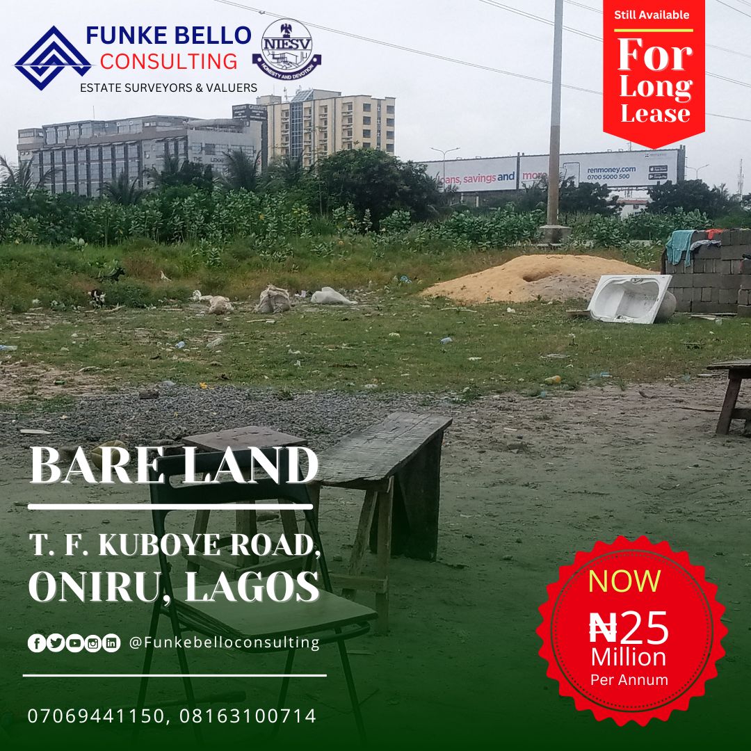 funkebellocons1's tweet photo. A Bare Land, fenced and gated parcel of land measuring about 1500 Square Meters available for lease located on T. F. Kuboye Road, ONIRU, Lagos.

Available for long lease.

Rent: NGN25MILLION per annum, minimum of 3years.

For enquiries, please call 07069441150. https://t.co/T0u6kR4Tuf