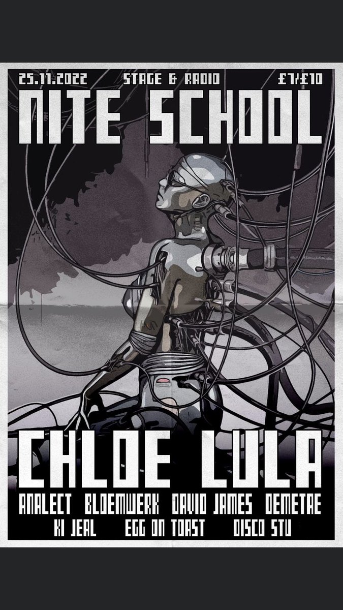 nite_school's tweet photo. Next up for our next party, Friday 25th November at @stageandradiomcr 

It’s a pleasure to invite Berlin based @chloe_lula to the basement.   Alongside Chloe, Nite School residents and @demetae_dj.

Control of the bar we have local talent: @kijeal, @eggontoastplz and @discoo_stu https://t.co/nj1BWYGXWF