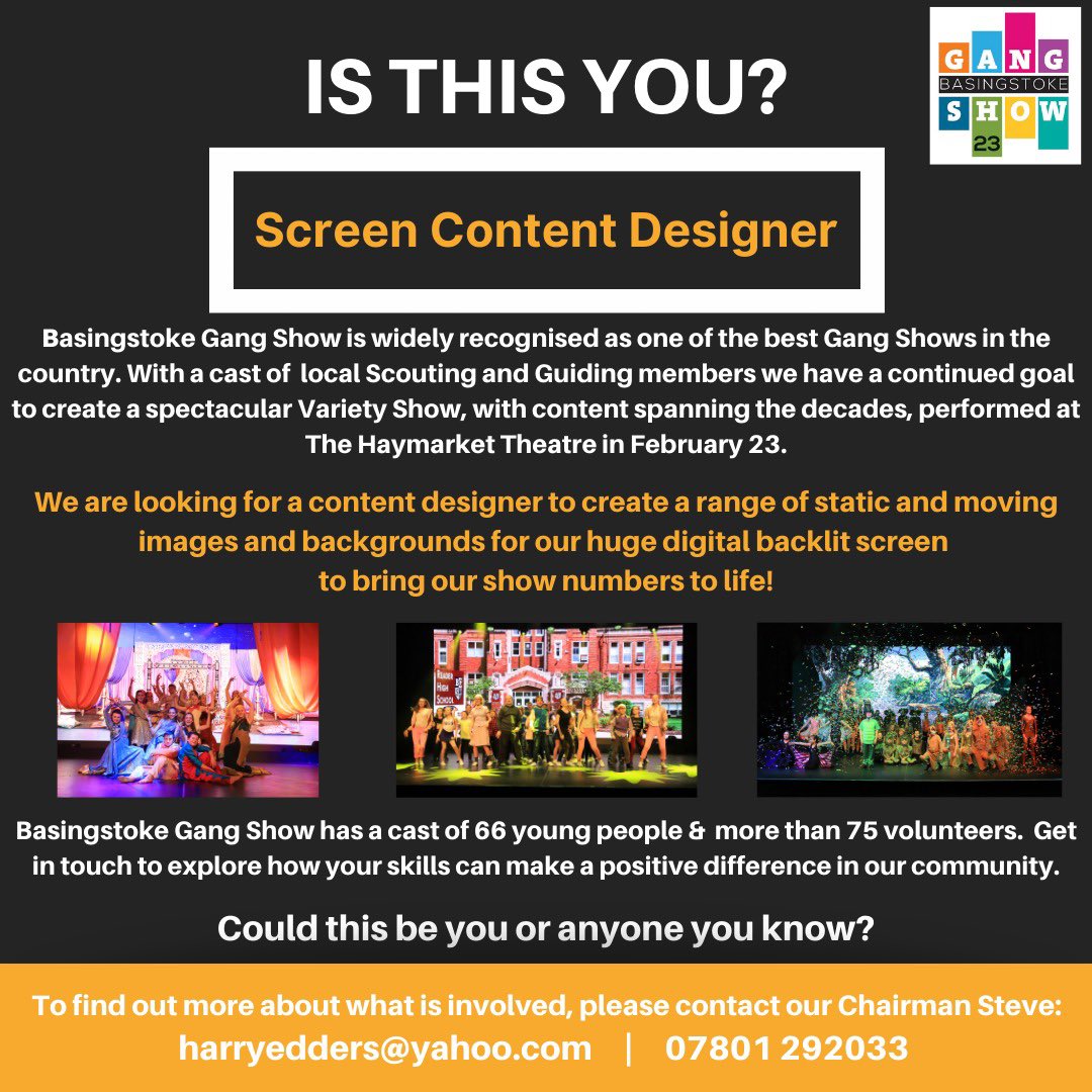 BstokeGangShow's tweet photo. Looking for someone or multiple people to get creatively involved. Please get in touch if you can help us 🙏 #Basingstoke #GangShow #Scouting #Guiding #iscoutonstage https://t.co/x8ijKnqPyf