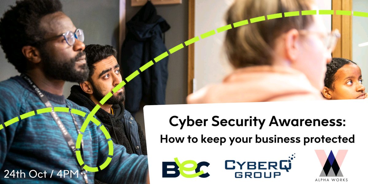 Join us this Monday at 4pm at <a href="/alphaworksB1/">Alpha Works</a> -  Free Drinks 😃

Details below👇

- Mon 24 Oct - 4pm 📆
- Alpha Towers - Birmingham 🏢
- How to keep you and your business protected 🔐

Come join <a href="/CyberQ_Group/">CyberQ Group</a> , <a href="/alphaworksB1/">Alpha Works</a> and <a href="/BECLeaps/">BEC (Birmingham Enterprise Community)</a>

Register here👇
 eventbrite.co.uk/e/cyber-securi…