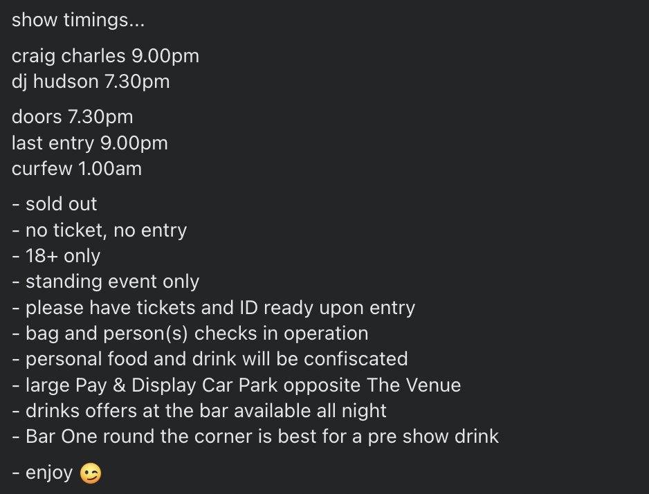 all the info you'll need ahead of tonight's show with Craig Charles, here at The Venue x