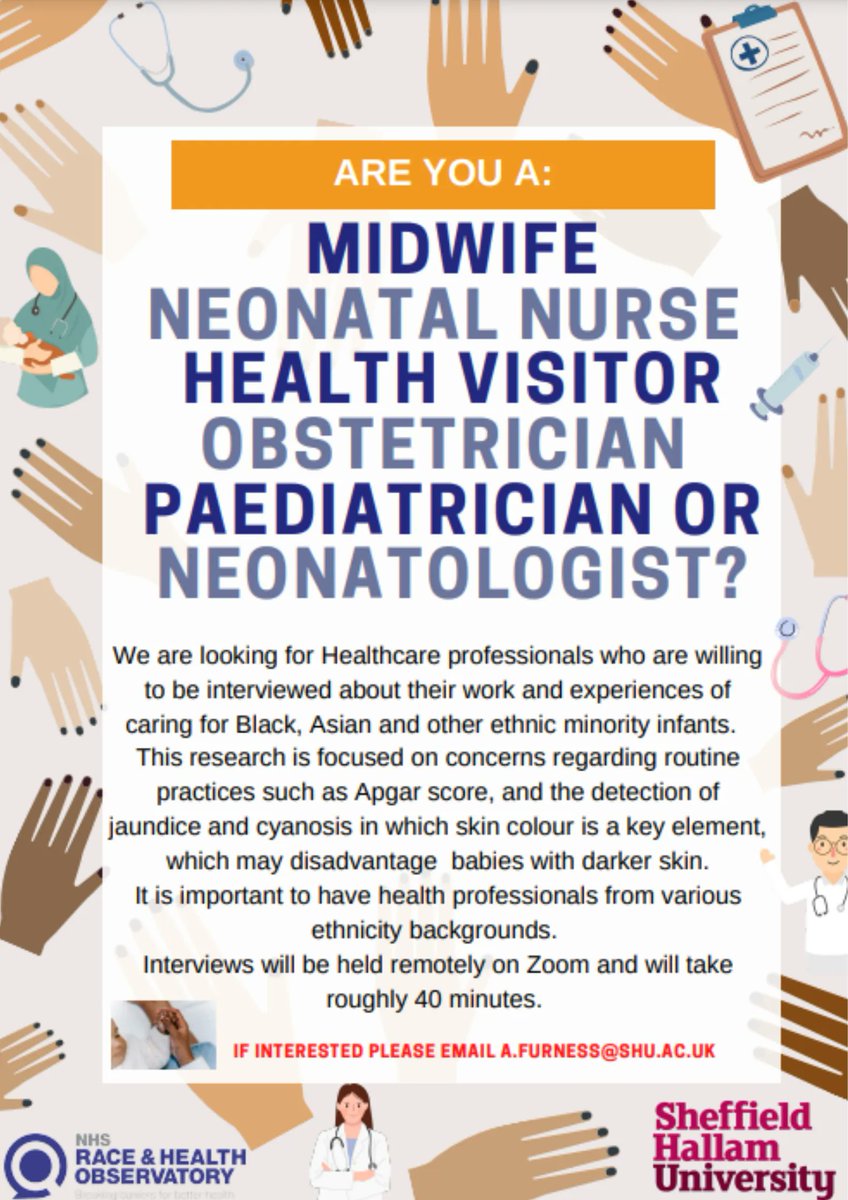 Research opportunity for healthcare professionals! Can you help researchers working with @NHS_RHO to understand ethnic inequalities in neonatal health? Details of how to get involved in short interviews below👇