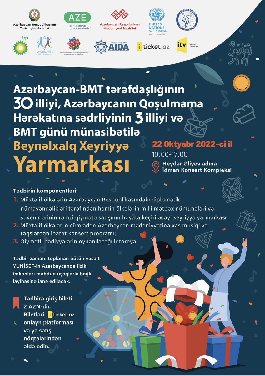 #AIDA is a partner in organizing the International #CharityBazaar. 
The event is dedicated to 30th anniversary of #Azerbaijan - #UN partnership, completion of the 3rd year of Azerbaijan's chairmanship to the #NAM and the UN Day.
#Baku #22October2022