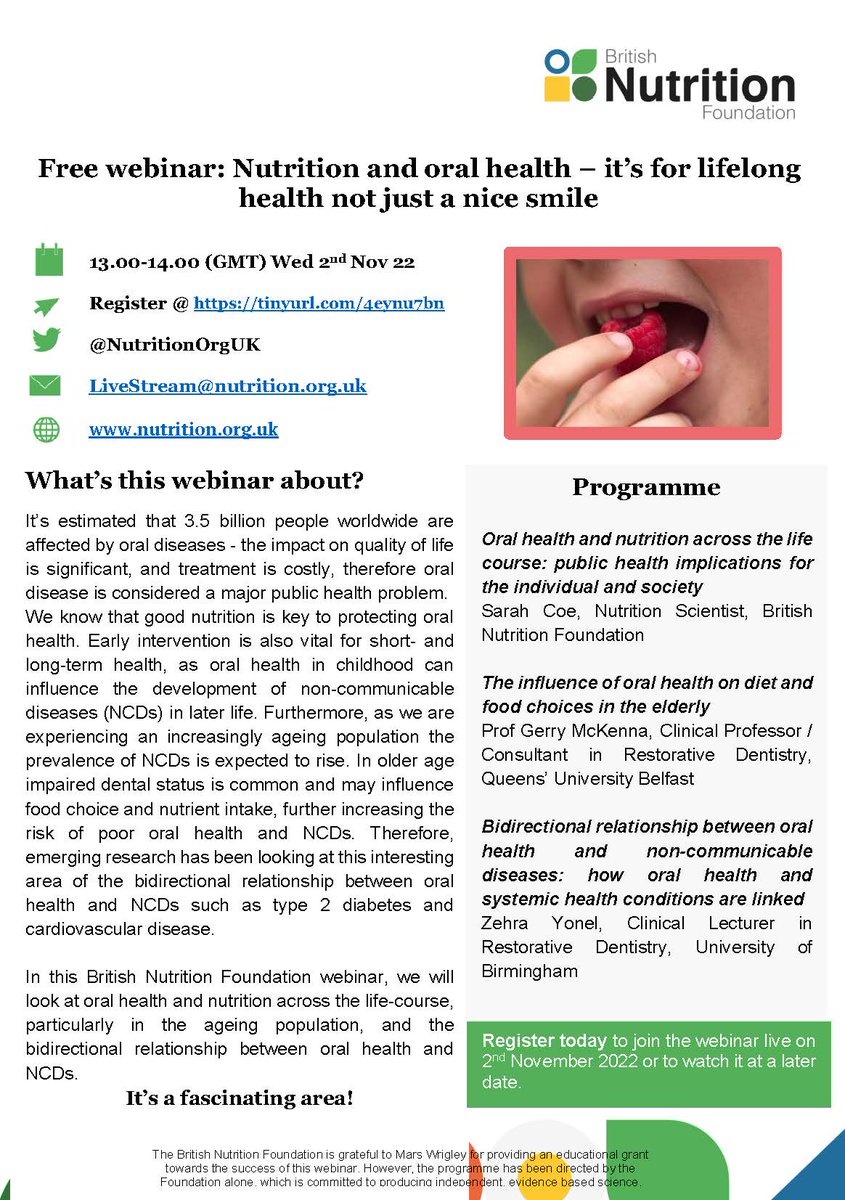 We've been approached by the British Nutrition Foundation to share details of this FREE webinar taking place on Wed, 2nd November 2022, 1pm-2pm 

This webinar is NOT HOSTED BY BSDHT. Please direct any queries to The British Nutrition Foundation.  #bsdht
bit.ly/3yVLBMC