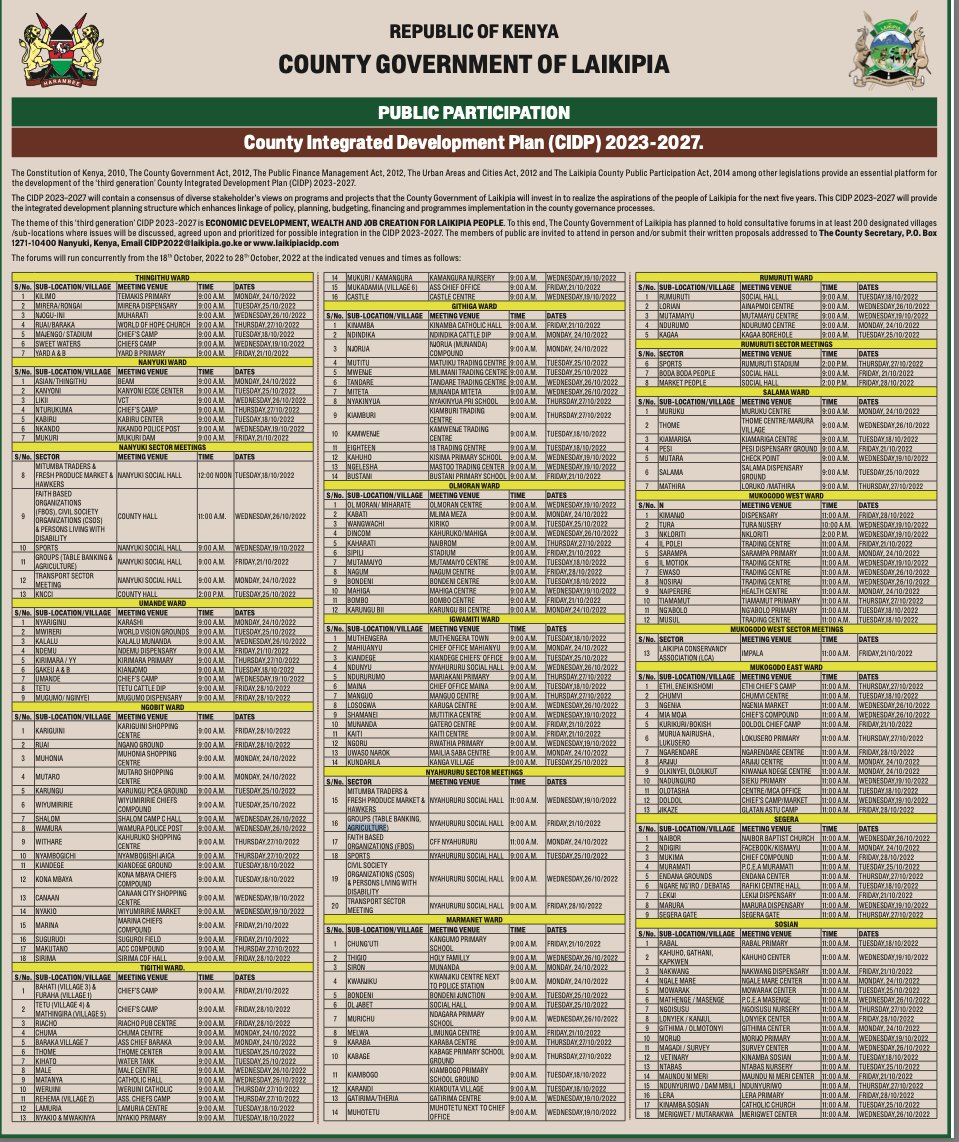 kenaff_farmers's tweet photo. The County Government of Laikipia is currently holding consultative forums to discuss, agree upon, and prioritize issues for possible integration in the CIDP 2023-2027. @LaikipiaCountyG
#FarmIssues
#StandWithFarmers https://t.co/a1gEs4Yndc