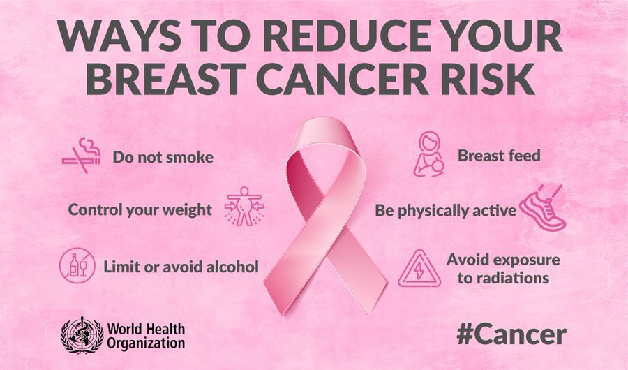 Breast cancer is the world's most common cancer. A few tips to reduce your risk: 🚭 Quit smoking 🍷 Limit or avoid alcohol 🏃🏾‍♀️ Stay physically active #PinkOctober🎀