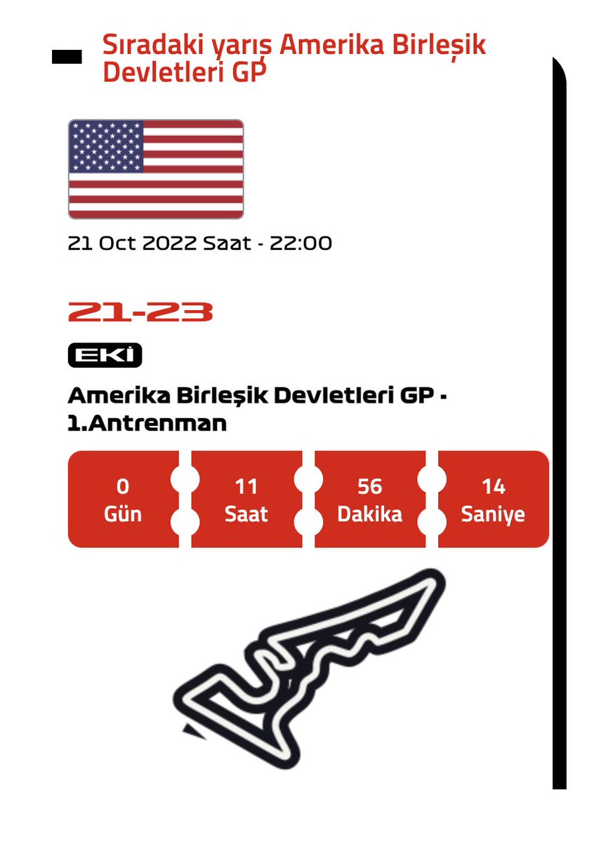 🏁 Amerika Birleşik Devletleri GP 1.Antrenman turları için son 11 saat

#F1 #f1takvimi #USAGP