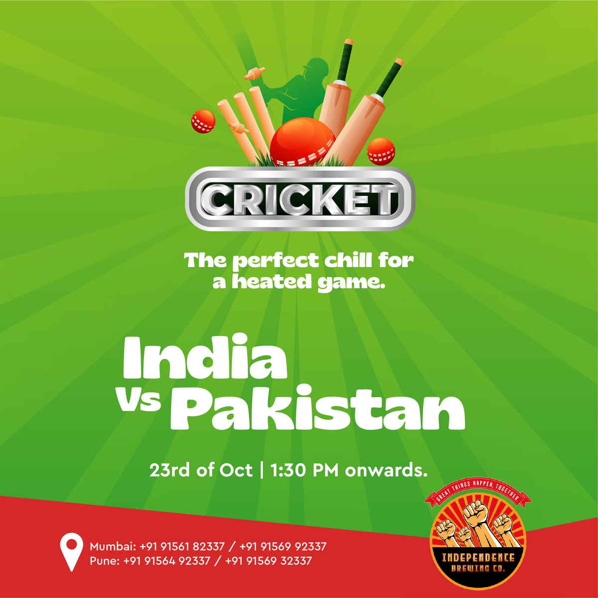 Gather your crew to cheer for the boys in blue! Enjoy the live screening of India VS Pakistan at IBC while relishing our Brunk — our drunken Sunday Brunch. 

To book, call
 Mumbai: +91 91561 82337/+91 91569 92337 
Pune: +91 91564 92337/+91 91569 32337