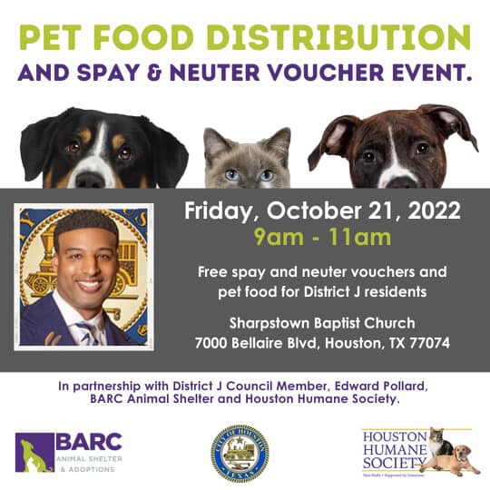 HoustonHumane's tweet photo. We are partnering with Council Member Edward Pollard and @BARC_Houston for a FREE pet food distribution. We will also be providing spay & neuter vouchers for #DistrictJ residents.
No registration is required. https://t.co/cqgHuc4dyQ