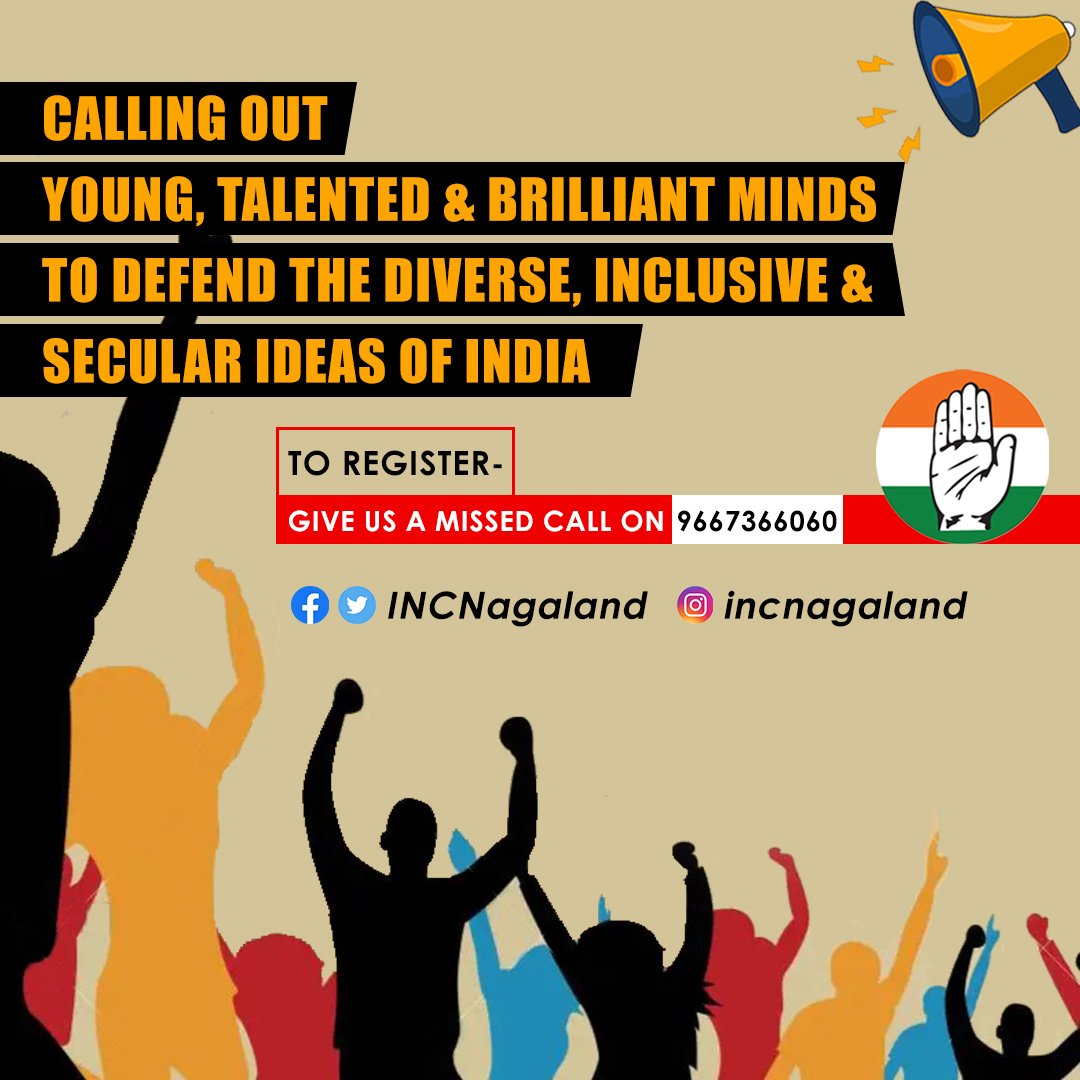 INCNagaland's tweet photo. Calling out young, talented &amp; brilliant minds to defend the diverse, inclusive &amp; secular ideas of India.

To register give us a missed call on- 966 736 6060. https://t.co/0OwfJOYGDs