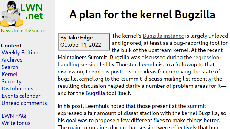 kernellogger's tweet photo. #LWNnet's great write-up about the long #bugzilla #LKML discussion I recently kicked off (https://t.co/3EGNx4Y4J8) is now freely available: https://t.co/9jU17ArSWJ #linux #kernel

1/ FWIW, my proposal won't be realized, but that is totally fine for me, as… https://t.co/m3OSURC0ca