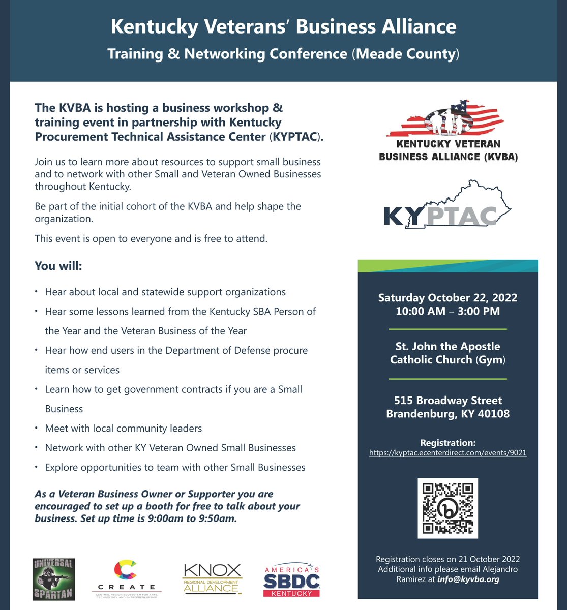 kentuckyapex's tweet photo. There is still time to register for tomorrow's Kentucky Veterans' Business Alliance Training &amp; Networking Conference in Brandenburg, KY! See the flyer below for more details.

Registration closes tonight at 8:00 PM EDT. Click here to save your spot: https://t.co/rioqID2Inv https://t.co/Eh2WuLdW0V