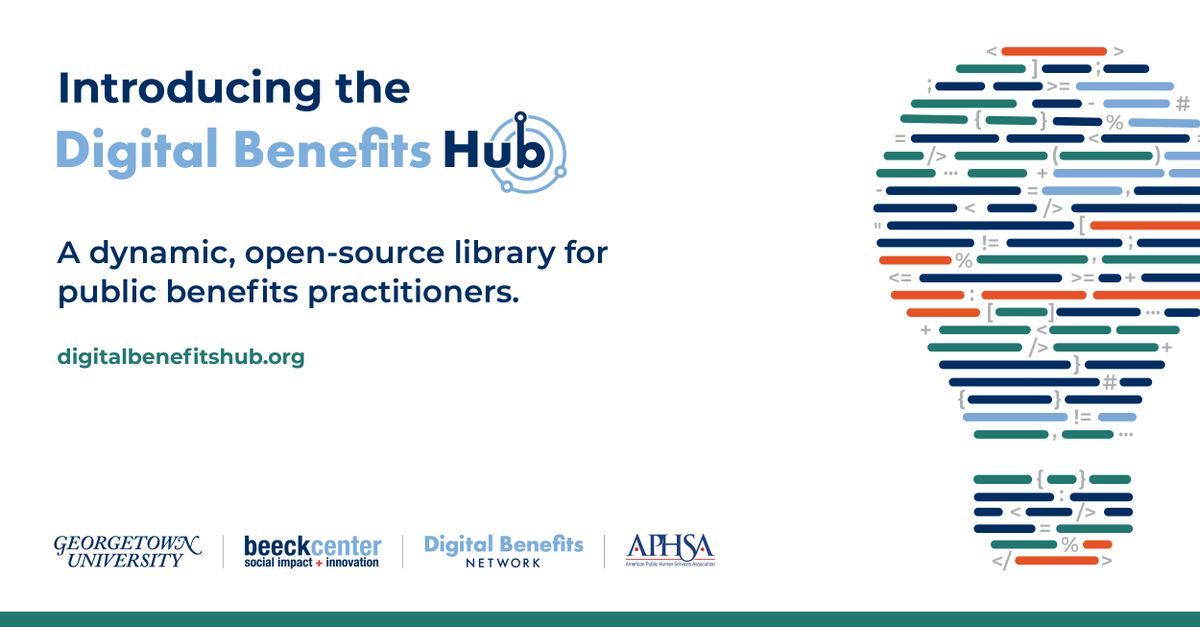 APHSA1's tweet photo. The Digital Benefits Hub is now open! Created w/ @BeeckDB, the Hub is a new website for practitioners working through complexity to improve access to public benefits &amp; services through data, design &amp; tech. Explore resources, case studies &amp; tools: https://t.co/fogrF1x80k https://t.co/bl5sKZkvae