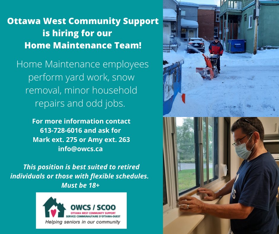 OttawaWestCS's tweet photo. Today we celebrate Home Maintenance Day! Thank you to our team of Home Maintenance Workers who help with all kinds of tasks. We are currently hiring snow shovelers for this winter, reach out to learn more! #csm2022 #OWCS45 https://t.co/T2AVyEeNyH
