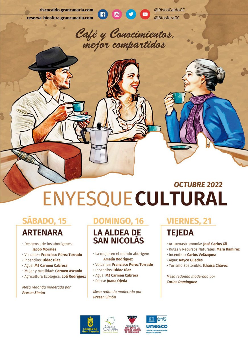 Acabamos la semana participando en el #EnyesqueCultural de <a href="/BiosferaGC/">Reserva de la Biosfera de Gran Canaria</a> en Tejeda. A partir de las 5 compartiremos un buen café hablando de diferentes temas. Todavía estás a tiempo de apuntarte!

<a href="/oceanografica/">Oceanográfica</a>