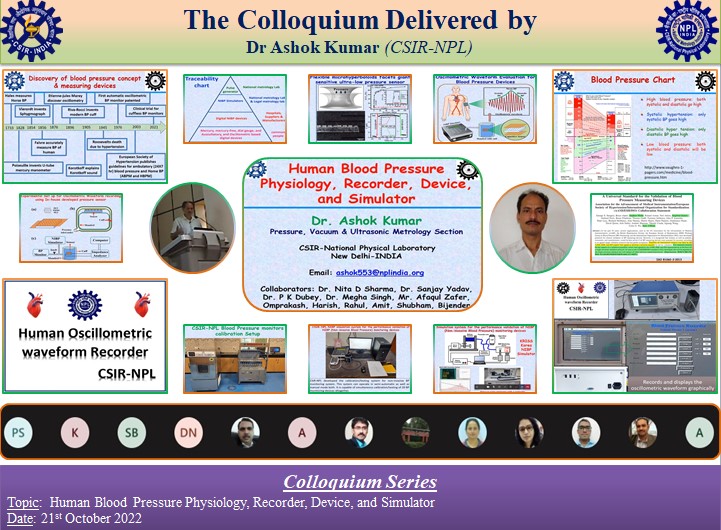 CSIR_NPL's tweet photo. T00202_K
Dr. Ashok Kumar (CSIR-NPL) delivered Colloquium on ‘Human Blood Pressure Physiology, Recorder, Device, and Simulator' on 21.10.2022 at @CSIR_NPL
@CSIR_IND @VigyanPrasar #NPLColloquium #NMIofIndia #BloodPressure #BloodPressureDevice #BloodPressurePhysiology #Blood https://t.co/CcBMKmBTTL