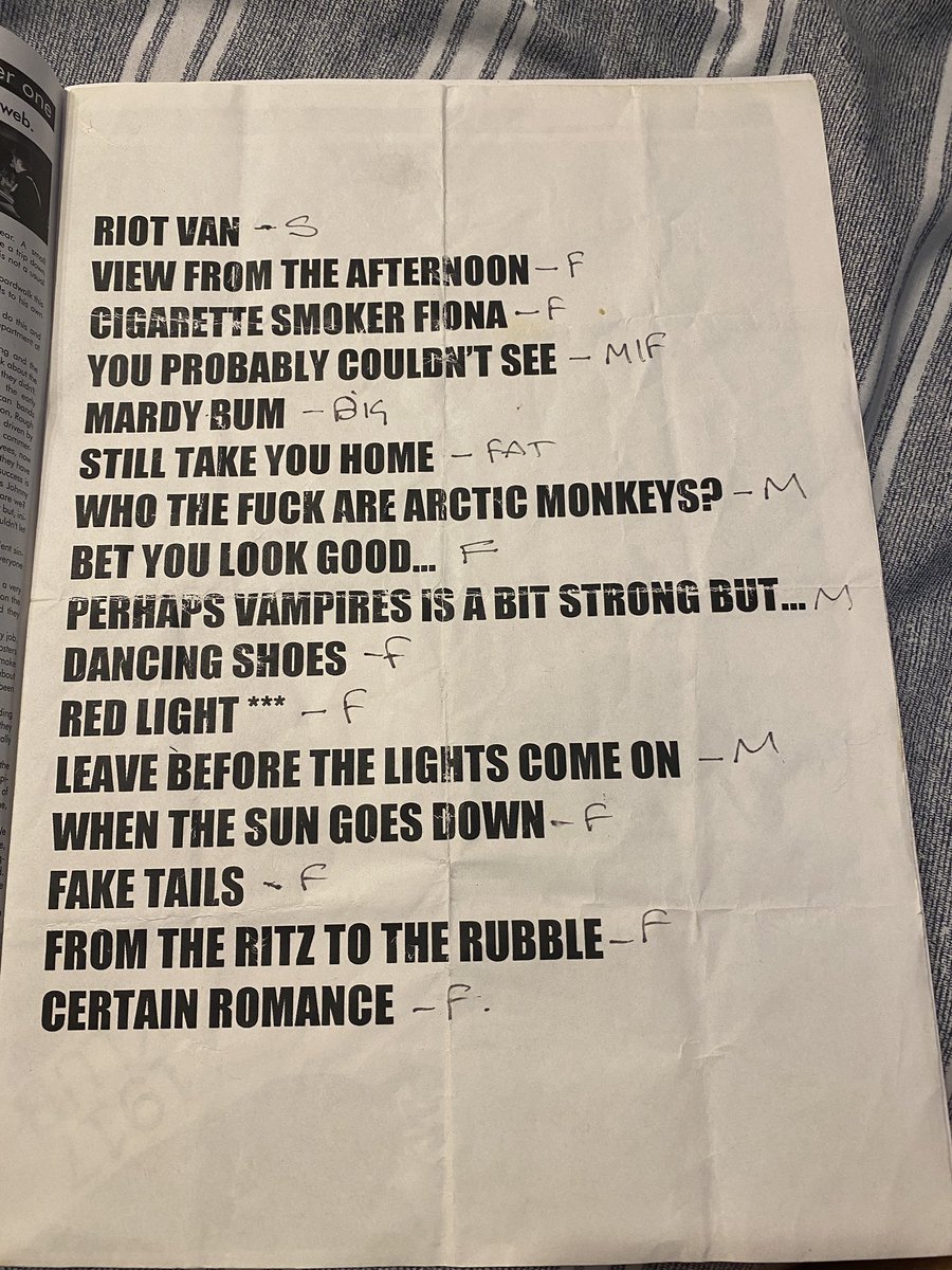jonnot's tweet photo. just found this @arcticmonkeys feature and set list that I got at a gig in sheffield in 2005

crazy that I’m sitting here listening to their new (7th) album… and it’s great 

#thecar #arcticmonkeys https://t.co/QwLRVqDDsa