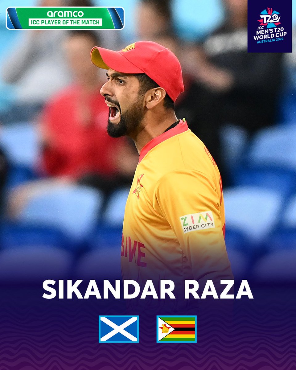 T20WorldCup's tweet photo. All round brilliance 👌

For contributions with bat and ball in Zimbabwe's historic win in the #T20WorldCup, Sikandar Raza is the @aramco Player of the Match 🌟 https://t.co/39acjM7EHV