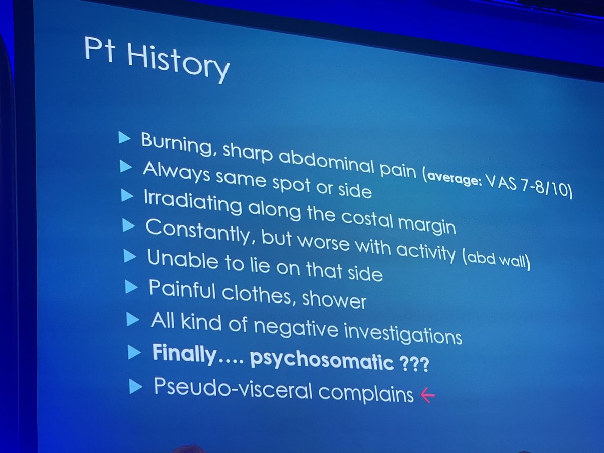 Herniadoc's tweet photo. The god of #ACNES speaks @EhsManchester ! Dr Rudi Roumen.
👉🏻More in females
👉🏻Often right sided. 1/10 will have bilateral symmetric pain
👉🏻Many times in my children 
👉🏻pinch test, also use cotton tip, Carnett +, no imaging https://t.co/sMBmuDpUYR