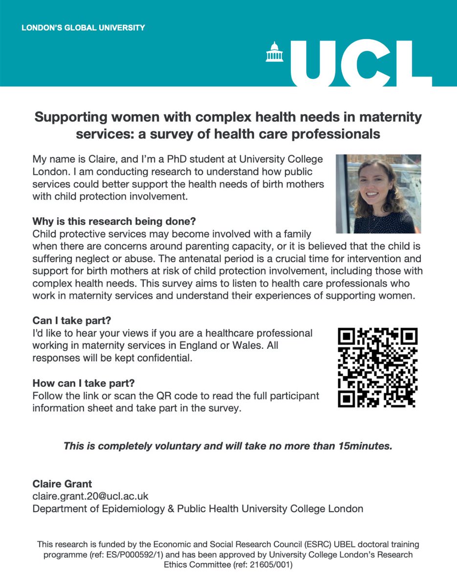 PMHMidwives's tweet photo. Claire Grant is a PhD student at UCL who is doing a survey about experiences of providing maternity care to mothers with complex health needs. Please share widely
The link is here: https://t.co/WXkyFpOAiQ https://t.co/HEQvGsOVJY