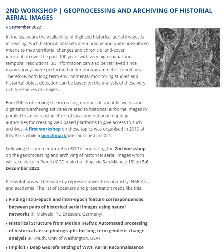 [Coming soon] 2nd <a href="/EuroSDR/">EuroSDR</a> workshop on geoprocessing and archiving of historial aerial images

🗓️5&amp;6 December 2022
📍 Roma 🇮🇹

More informations ans registration 👉eurosdr.net/news/2nd-works…