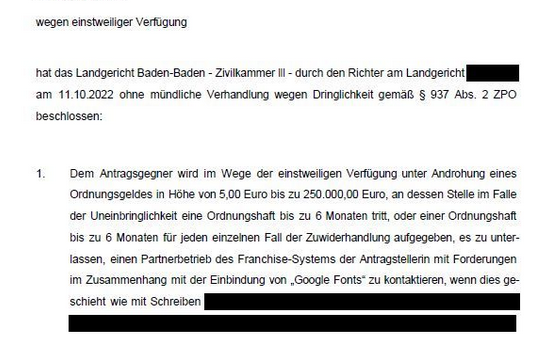 <a href="/ClemensPfitzer/">Clemens Pfitzer (clemenspfitzer.bsky.social)</a> <a href="/foehlisch/">Dr. Carsten Föhlisch</a> <a href="/s_laoutoumai/">Sebastian Laoutoumai</a> <a href="/CBudras/">Corinna Budras</a> @Martin_Raetze <a href="/RA_Rehart/">Nikolaus Rehart</a> <a href="/tofreudenberg/">Tobias Freudenberg</a> <a href="/dasgesetzbinich/">Joerg Heidrich</a> <a href="/Haendlerbund/">Händlerbund</a> <a href="/kleibold23/">Kevin Leibold</a> BOOM!

Landgericht Baden-Baden, Beschlussverfügung vom 11. Oktober 2022, 3 O 277/22 - <a href="/RALampmann/">Arno Lampmann</a> vs. #GoogleFonts Abmahner