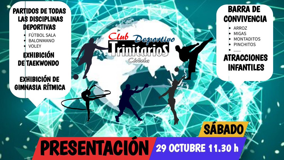 SABADO 29 OCTUBRE, PRESENTACION DE NUESTRO CLUB. EXHIBICION DE TODAS LAS DISCIPLINAS Y CATEGORIAS. BARRA DE CONVIVENCIA, CASTILLOS HINCHABLES PARA LOS PEQUES Y MÁS SORPRESAS.
No te lo pierdas!!
<a href="/cdtrinitarios/">CD Trinitarios</a> 
<a href="/trinitariosCO/">Colegio Stma. Trinidad Trinitarios Córdoba</a> 
<a href="/centrosFEST/">Fundación Educativa Santísima Trinidad</a> 
<a href="/trinitariosALC/">C Santisima Trinidad</a>
