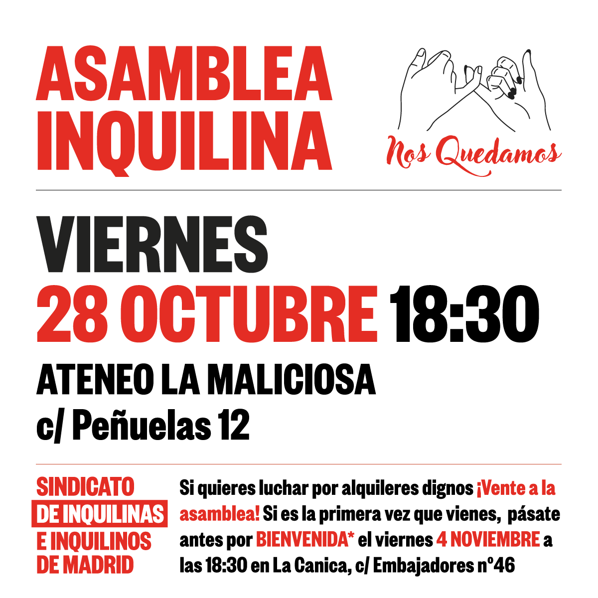 Recordatorio: hoy NO hay asamblea. La próxima asamblea será la semana que viene, el viernes 28 de octubre.