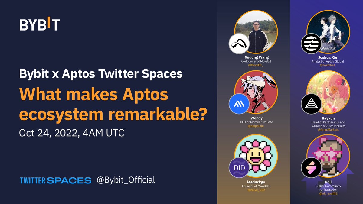 📣 Bybit Twitter Spaces — What makes #Aptos ecosystem remarkable？

🗓 Save the date: Oct 24, 2022, 4AM UTC

👉 Set a reminder: shor.by/VmeT

✅ Complete tasks and grab a share of the 1,000 $USDT prize pool: shor.by/4nBK
