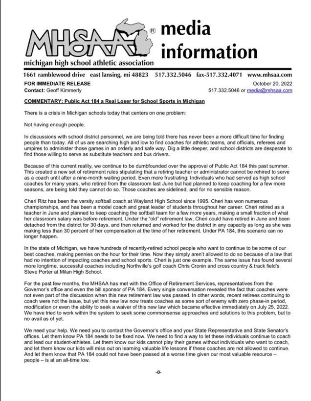 RockfordAD's tweet image. PA 184, intended to address our shortage, has prevented retirees from coaching, subbing, officiating or otherwise working in public schools.  Excludes people that have made education their lifetime career from working with  kids - during a time of staff shortages! @MHSAA