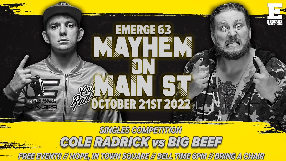 BREAKING!!! @EMERGEWrestling HOPE, INDIANA BEEF TOOK ON THIS MATCH JUST A FEW HOURS AGO AND BEEFS READY!!! @ColeRadrick LETS SEE WHERE WE AT!!! @EMERGEWrestling BRINGING THE HITS TONIGHT!!!
