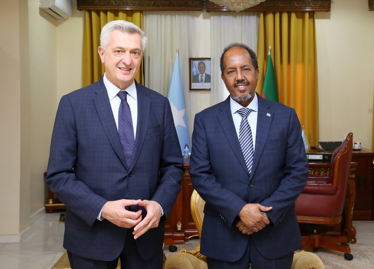 H.E <a href="/HassanSMohamud/">Hassan Sheikh Mohamud</a> received Mr. <a href="/FilippoGrandi/">Filippo Grandi</a>, the UN High Commissioner for Refugees. The President reiterated his government’s commitment to finding a lasting solution for IDPs affected by the drought, amping up the fight against terrorists &amp; prioritizing political stability.