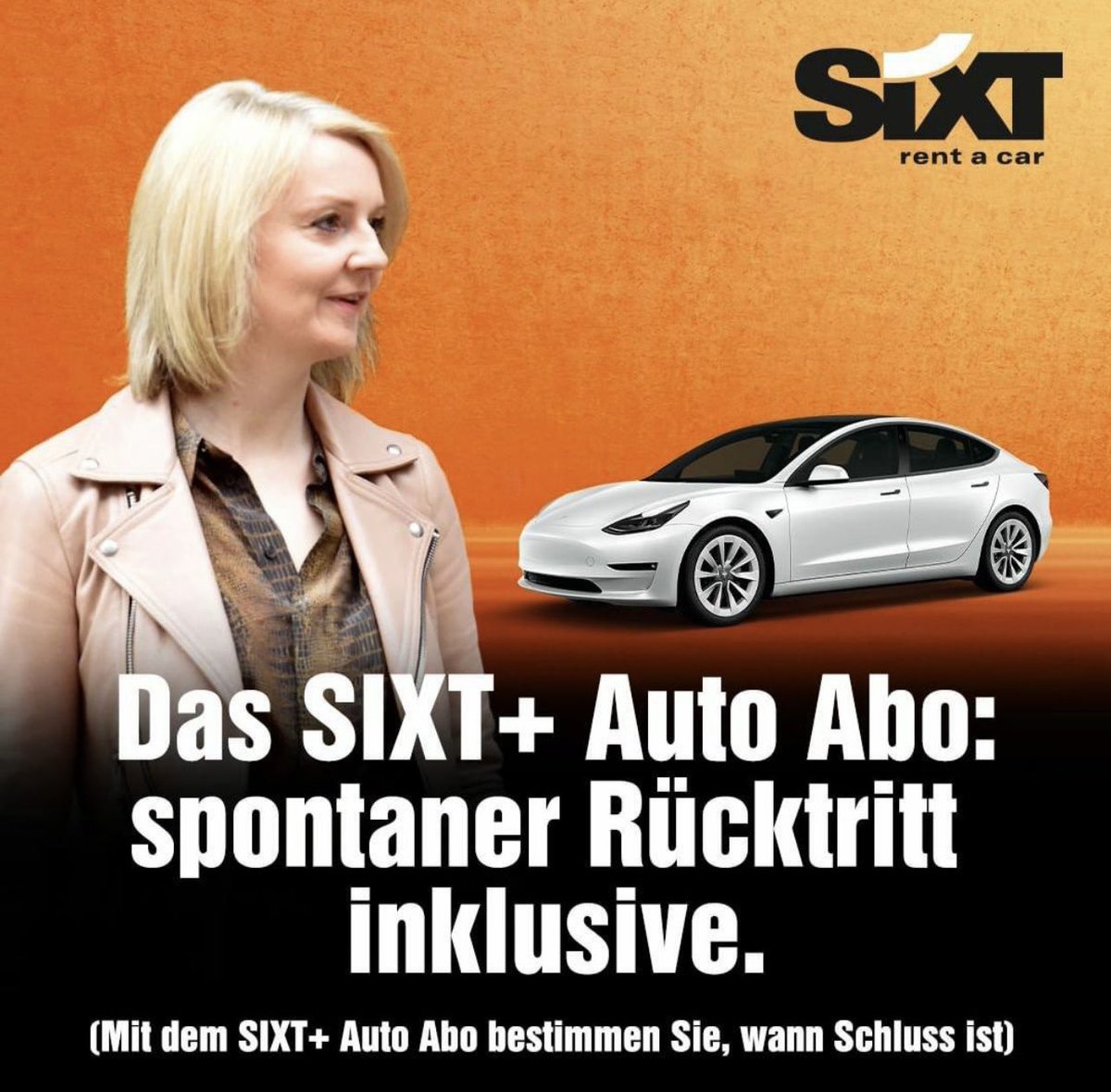 One for ⁦<a href="/mrjamesob/">James O'Brien</a>⁩’s list of how others see us.

Based on Sixt car rental adverts in Germany:

“The Sixt Plus Car Subscription:  spontaneous resignation included. (With Sixt Plus Car Subscription *you* decide when time’s up)”