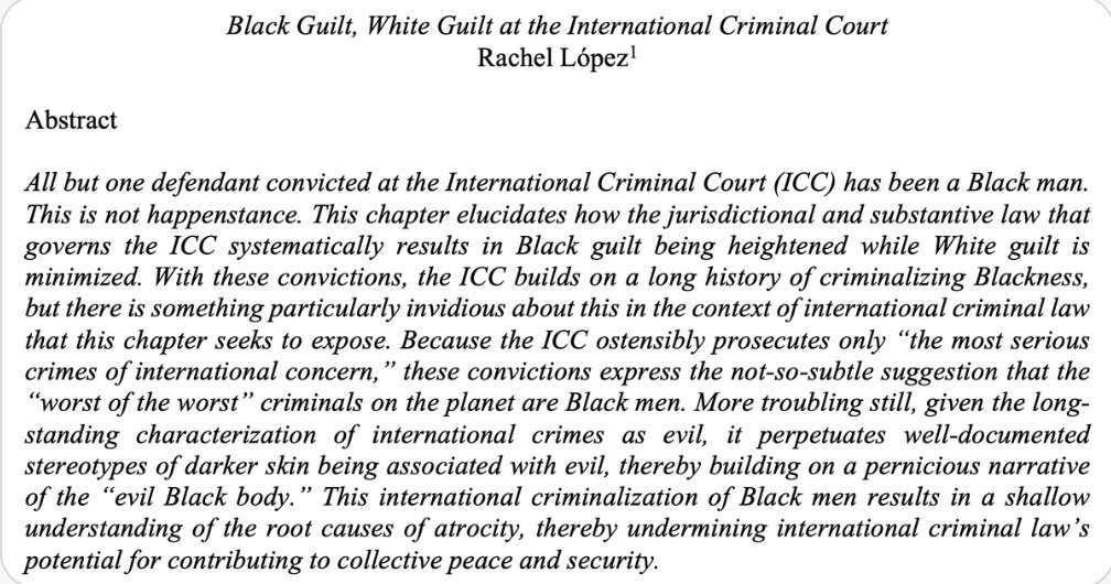 SSRN's tweet image. This recent working paper by @Rachel_E_Lopez @drexelkline discusses Black Guilt, White Guilt at the International Criminal Court: spkl.io/60114nlbF. #TwitterLaw #race