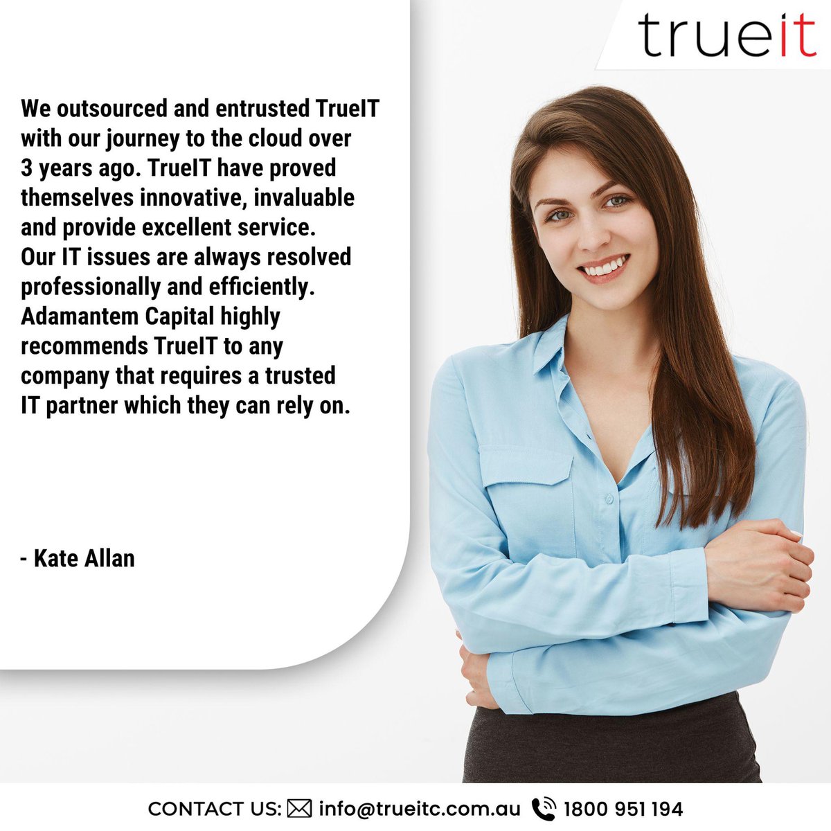 TrueitC's tweet photo. Today we would like to share a testimonial from one of our valued clients.
Want to get to know us?
Contact us today.
#TrueITConsulting #TrueIT #ITservicesSydney #business #businesssolutions https://t.co/t2WwpH1cWE