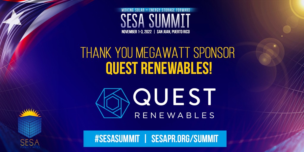 SESA_PR's tweet photo. Welcome @QuestRenewables as Megawatt Sponsor of the SESA Summit, Nov. 1-3, 2022 in San Juan, PR. Join us for latest policy updates on renewable energy in PR, exhibition, receptions, lots of networking, and fun.
Register today! https://t.co/tY181EPGIe
#SesaSummit #SesaPR https://t.co/DZJDVMx6eJ