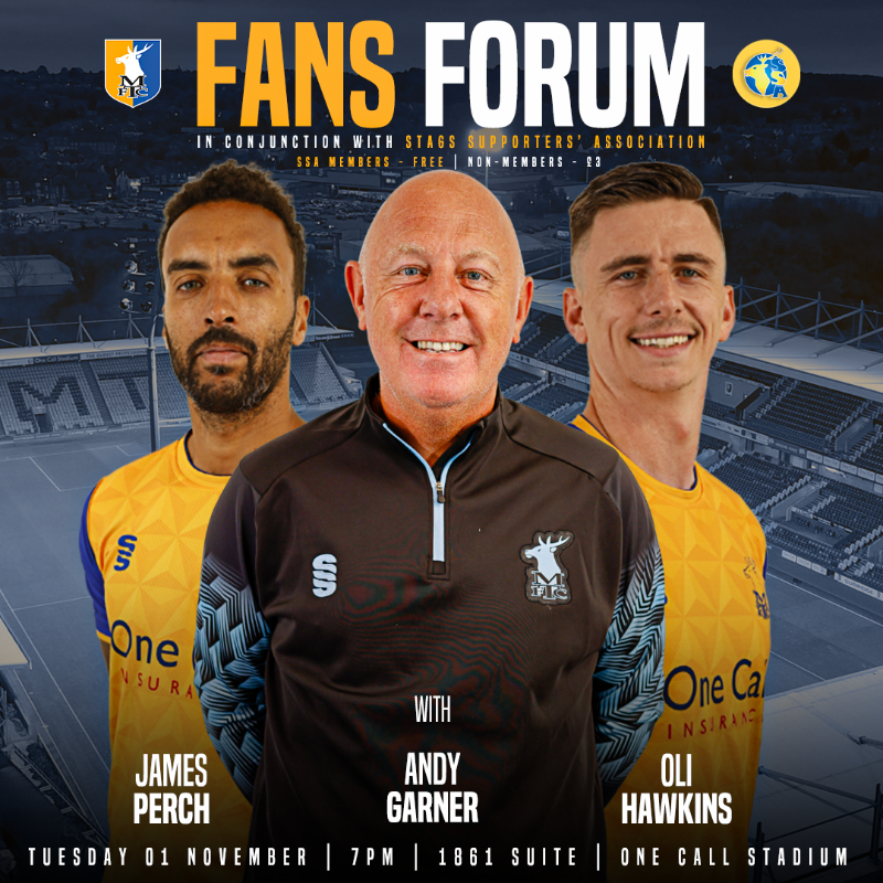 mansfieldtownfc's tweet photo. 🗓️ A fans forum with first team coach Andy Garner and senior members of the squad – James Perch and @oliverhawkins08 – will take place in the 1861 Suite at One Call Stadium on Tuesday 01 November (7pm).

Read more here. 👇