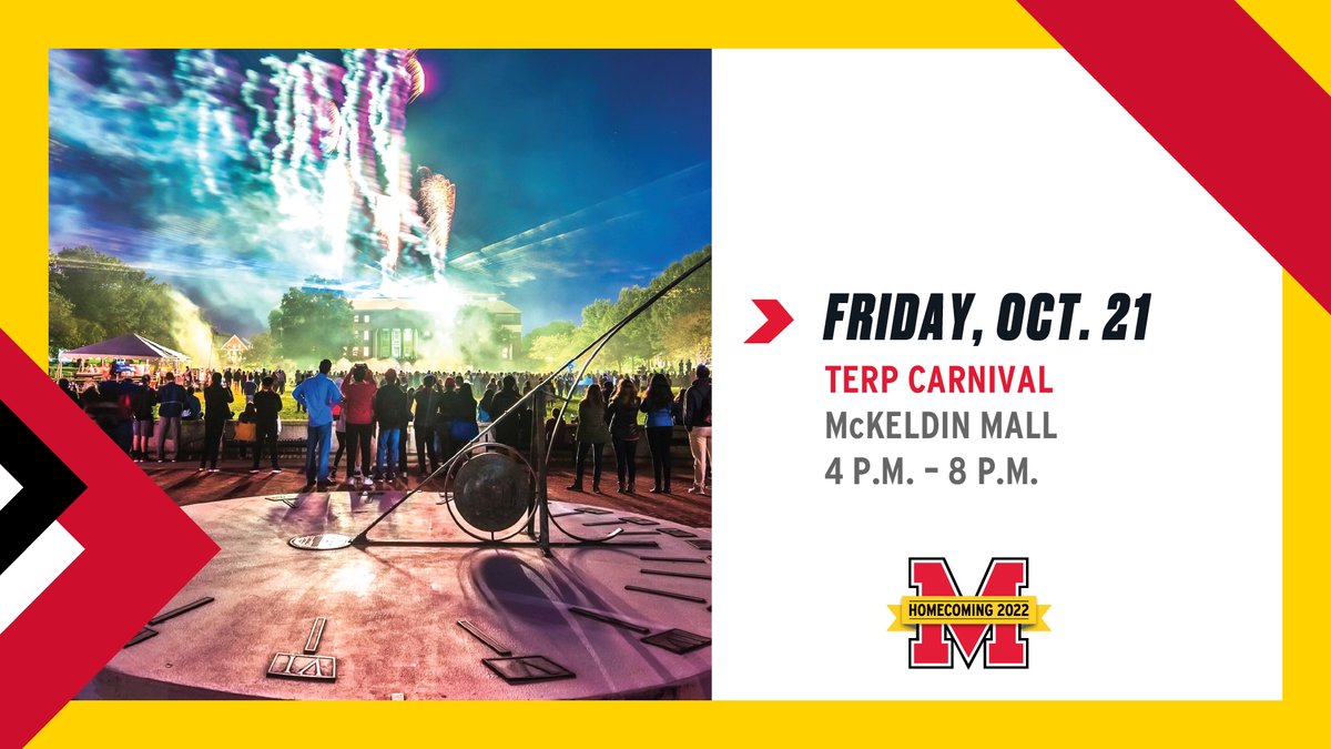 Kick off #UMDHomecoming weekend on Friday, Oct. 21 with live music, a beer garden, games, and a grand fireworks finale at Terp Carnival on McKeldin Mall. 
🎪🎶🎆 

homecoming.umd.edu