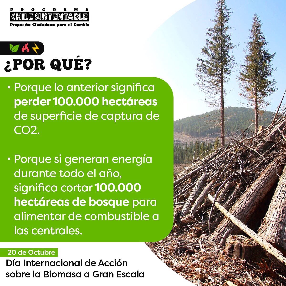 ONG_CHS's tweet photo. 🟢En el Día Internacional de Acción sobre la Biomasa a Gran Escala alertamos que este sistema es una falsa solución a la dercarbonización. La población local será impactada por gran emisión de material particulado.
#DíaInternacionalGranbiomasa  #bigbadbiomass https://t.co/EALaKjrc66