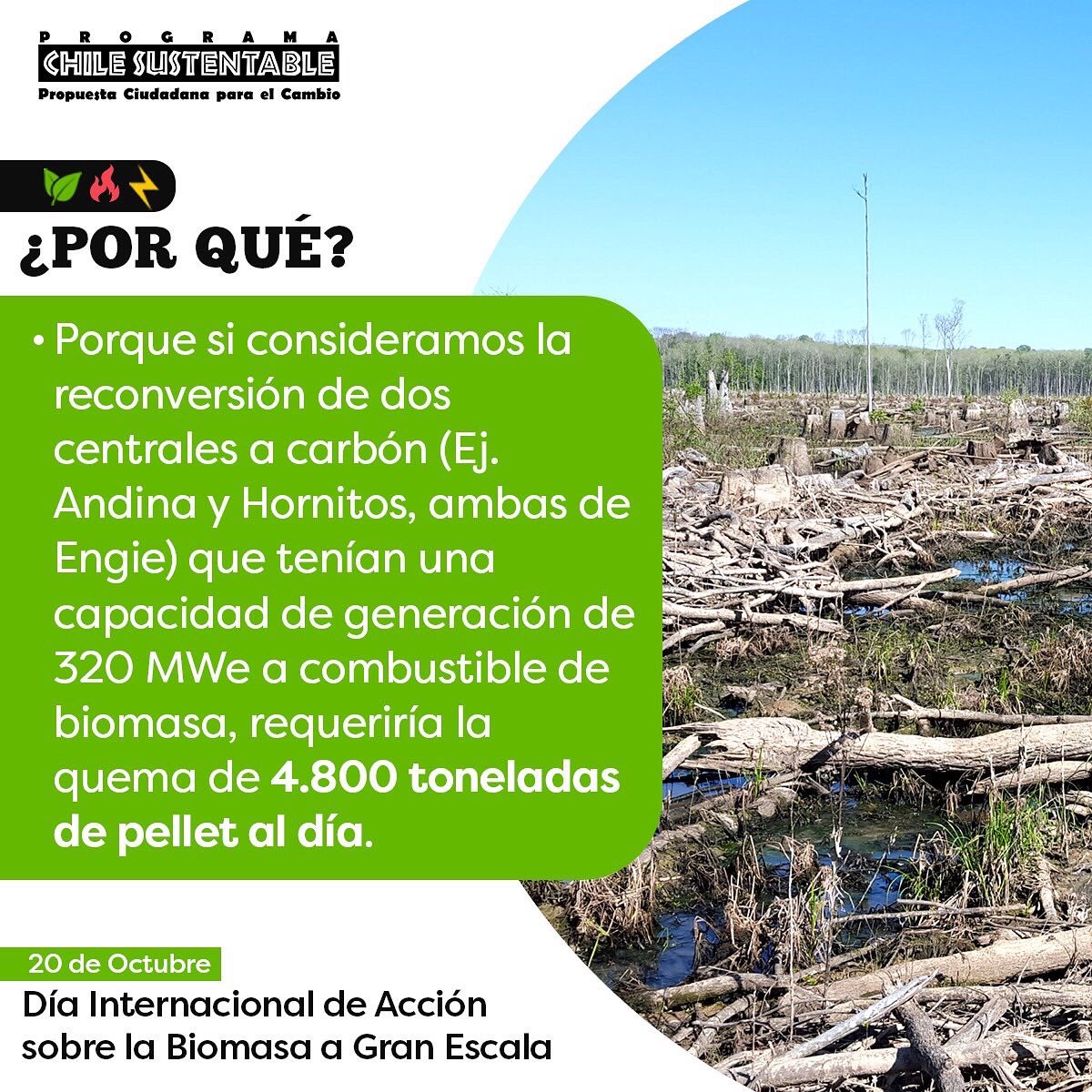 ONG_CHS's tweet photo. 🟢En el Día Internacional de Acción sobre la Biomasa a Gran Escala alertamos que este sistema es una falsa solución a la dercarbonización. La población local será impactada por gran emisión de material particulado.
#DíaInternacionalGranbiomasa  #bigbadbiomass https://t.co/EALaKjrc66