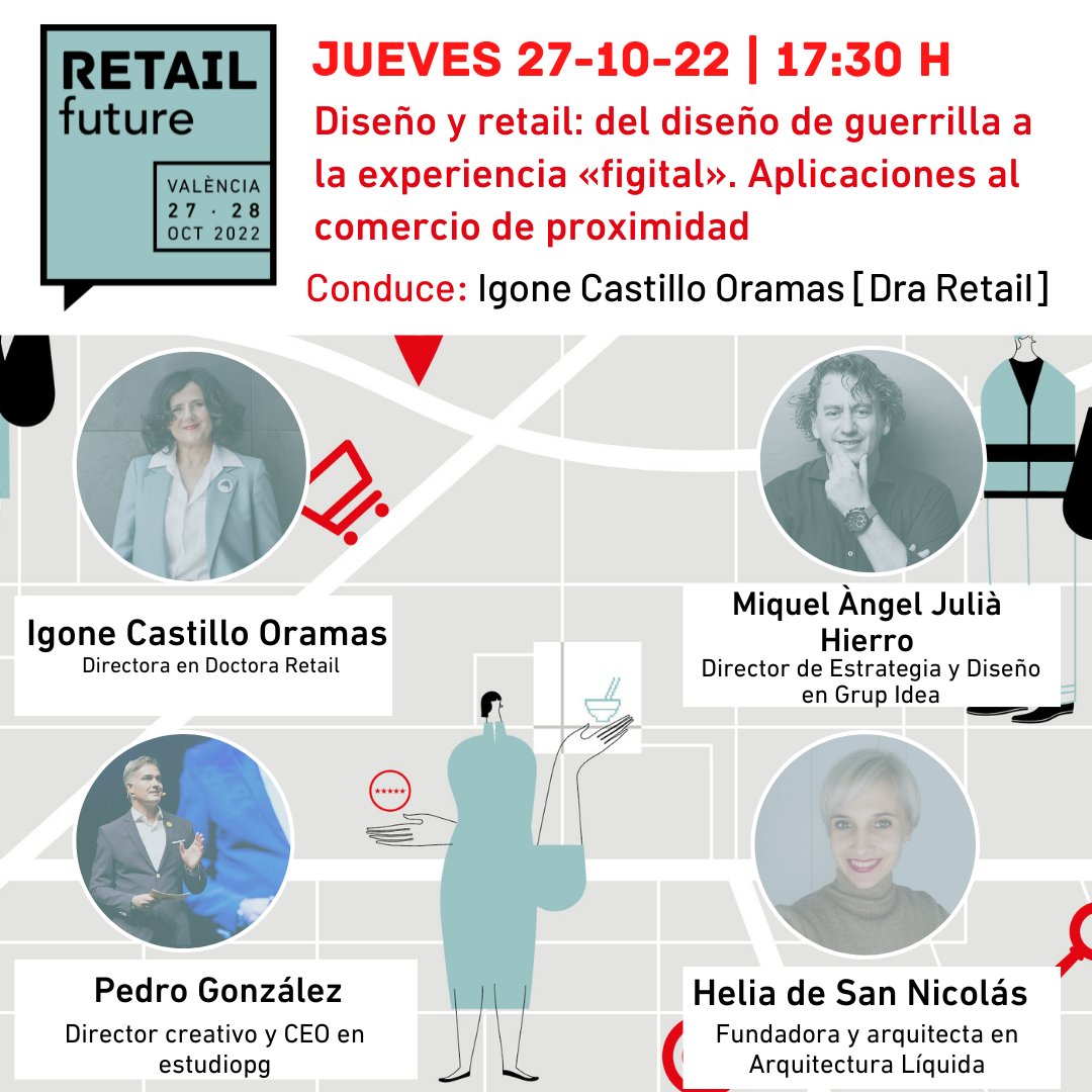 ✏️Diseño y retail: del diseño de guerrilla a la experiencia «figital». 
Modera: Igone Castillo Oramas, <a href="/DraRetail/">Doctora Retail</a>
👉 Miquel Àngel Julià Hierro, de Grup Idea
👉 Pedro González, de <a href="/estudiopg/">estudiopg</a> 
👉 <a href="/HeliaNicolas/">Helia de San Nicolás</a> de Arquitectura Líquida
🗓️ Jueves 27/10
🕥 17:30 h