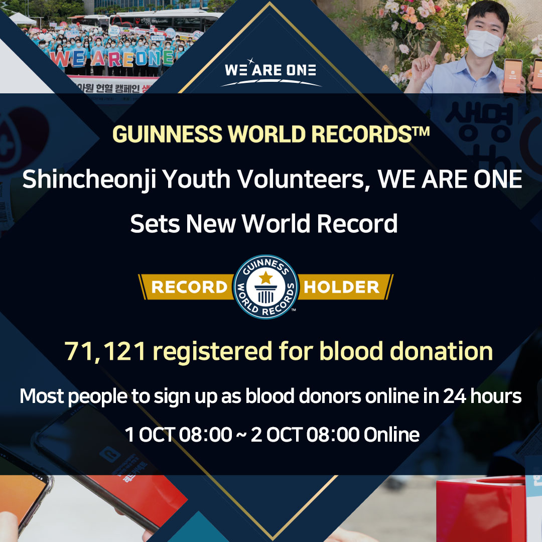 skylaryu558's tweet photo. Shincheonji Youth Volunteers, WE ARE ONE, Sets Blood Donation Guinness World Records🏆
#Shincheonji_Youth_Volunteers #WEAREONE #BloodDonation #Guiness_Worldrecord #In24hours #blood_donors_Online #71121people #Challenge4Life #LifeON_YouthON https://t.co/ajyYr2CUdd