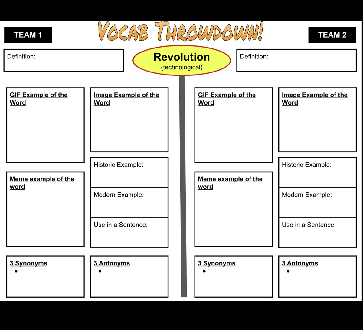 teacher2teacher's tweet photo. Vocabulary isn't just a topic for discussion in T @JillWebs' classroom – it's a chance for a throwdown!

This competition invites Ss to show what they know through images, GIFs and memes!

Get the template here: https://t.co/jRizBQpgZF

https://t.co/U8G0IJsMkQ #EduTwitter https://t.co/Hfz1lp0VW5